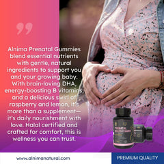 ALNIMA prenatal gummies bottle closeup highlights easy-to-digest fruit gummy nutrition