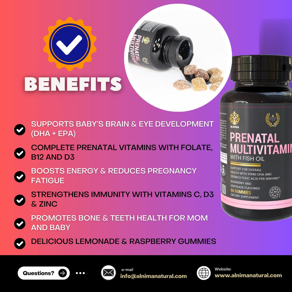 ALNIMA raspberry lemon-flavored gummies illustrate a pleasant daily routine for pregnancy