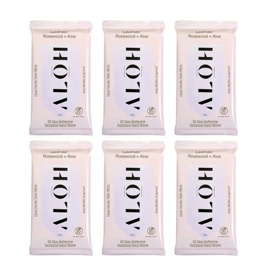 ALO H lavender rosewood aloe wipes pack shows premium, travel-ready sanitizing power.