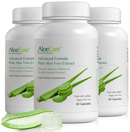 AloeCure aloe vera capsules bottle front, highlighting organic formula for gentle digestive balance.