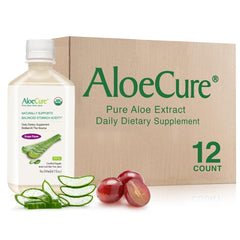 AloeCure grape juice bottle displaying the product and label for daily hydration