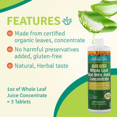 Aloe Life Aloe Gold bottle emphasizing organic, undiluted juice for wholesome refreshment.
