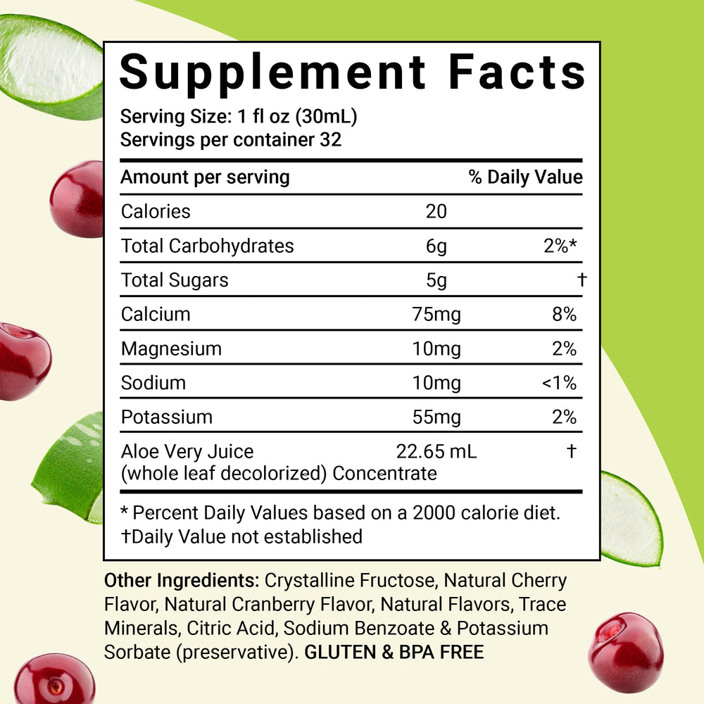 Aloe Life Cherry Berry label close up highlighting organic ingredients