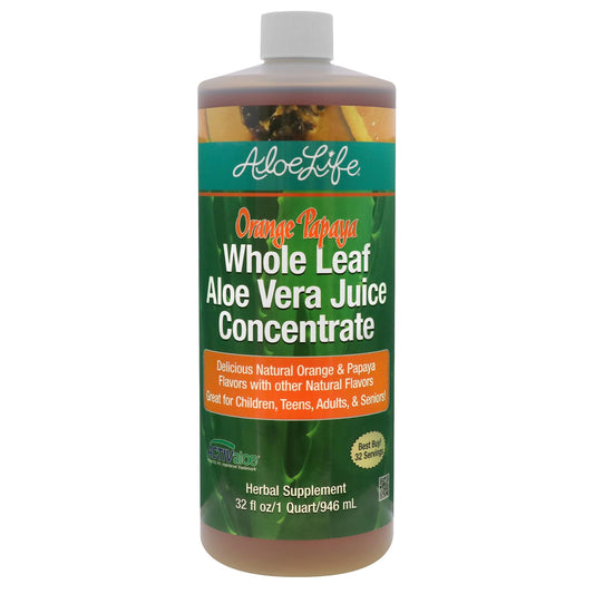 Aloe Life Whole Leaf Aloe Vera Juice Concentrate bottle on shelf highlighting organic origin and digestion support.
