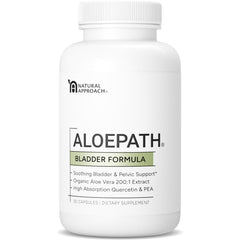 ALOEPATH freeze-dried aloe capsules on a bottle, suggesting daily bladder wellness.