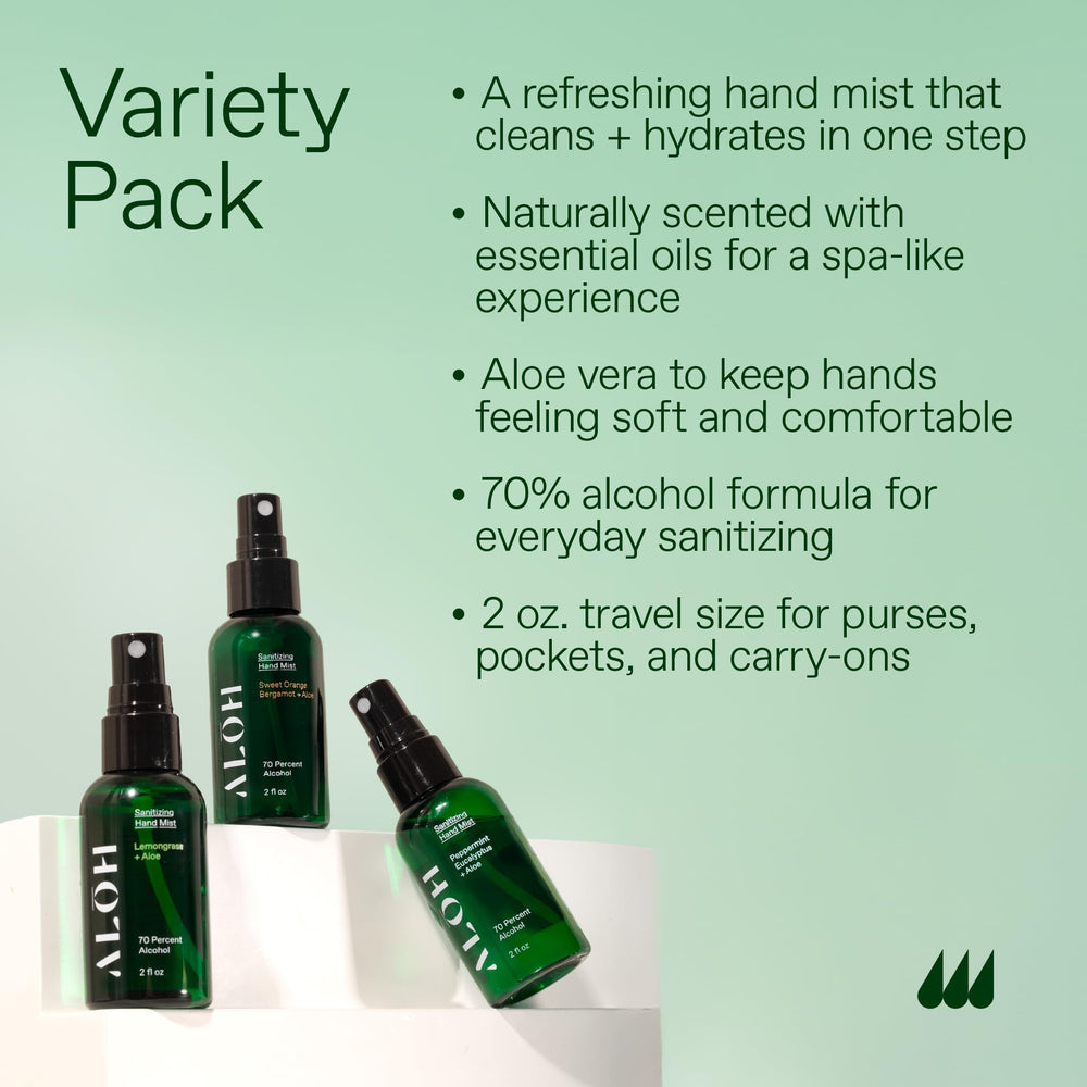 ALOH Peppermint Eucalyptus spray bottle offers a refreshing, fast-drying hand cleanse.