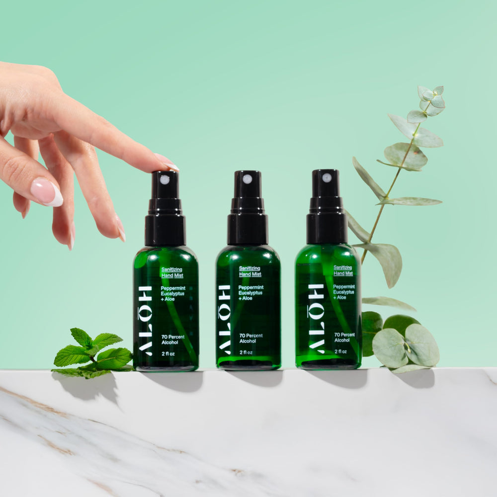 ALŌH Sanitizing Hand Mist label highlighting Peppermint Eucalyptus scent
