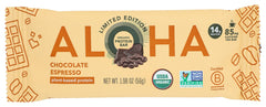 ALOHA Organic Chocolate Espresso Protein Bar on a clean background, rich cacao notes for energy.