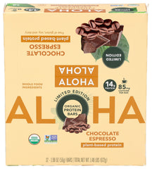 ALOHA plant based protein bar ingredients close up, highlighting USDA Organic certification.