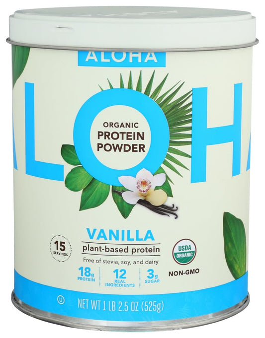 ALOHA Vanilla Plant-Based Protein Powder bottle pouring into a glass for a protein shake