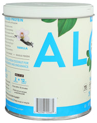 ALOHA Vanilla Plant-Based Protein Powder tub on a kitchen counter for smoothies
