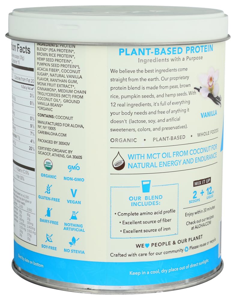 ALOHA Vanilla Plant-Based Protein Powder label close-up showing USDA Organic and Non-GMO features