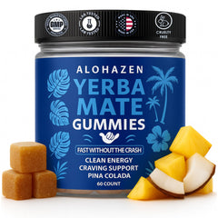 AlohaZen Yerba Mate Gummies tropical jar highlighting island energy and focus