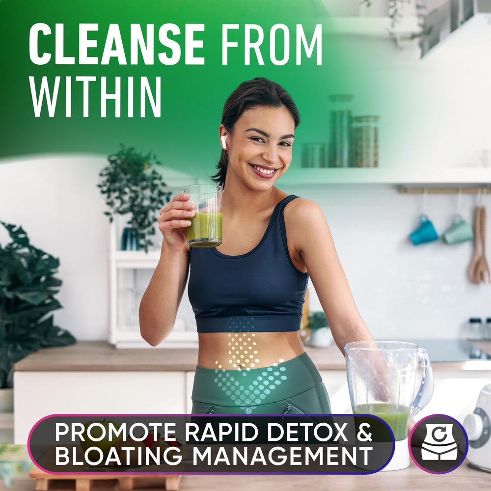 Alpha Flow Chlorophyll Drops pour into a glass, offering a quick energy and digestion boost.