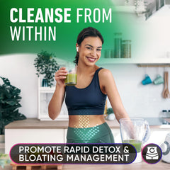 Alpha Flow Chlorophyll Drops pour into a glass, offering a quick energy and digestion boost.