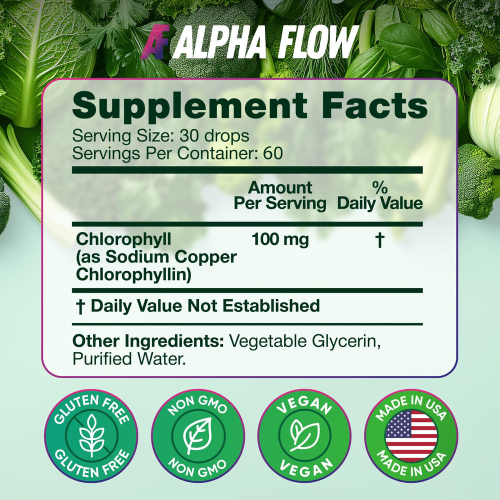 Alpha Flow Chlorophyll Drops vegan non-GMO formula for clean, plant-based wellness.