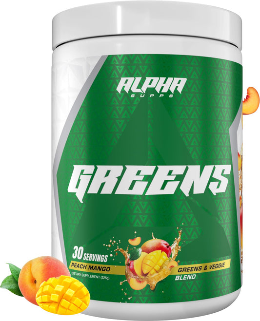 Alpha Greens powder tub with Peach Mango flavor supports daily wellness and energy.