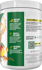 Measuring scoop with Alpha Greens powder demonstrates simple portion control for balanced nutrition.