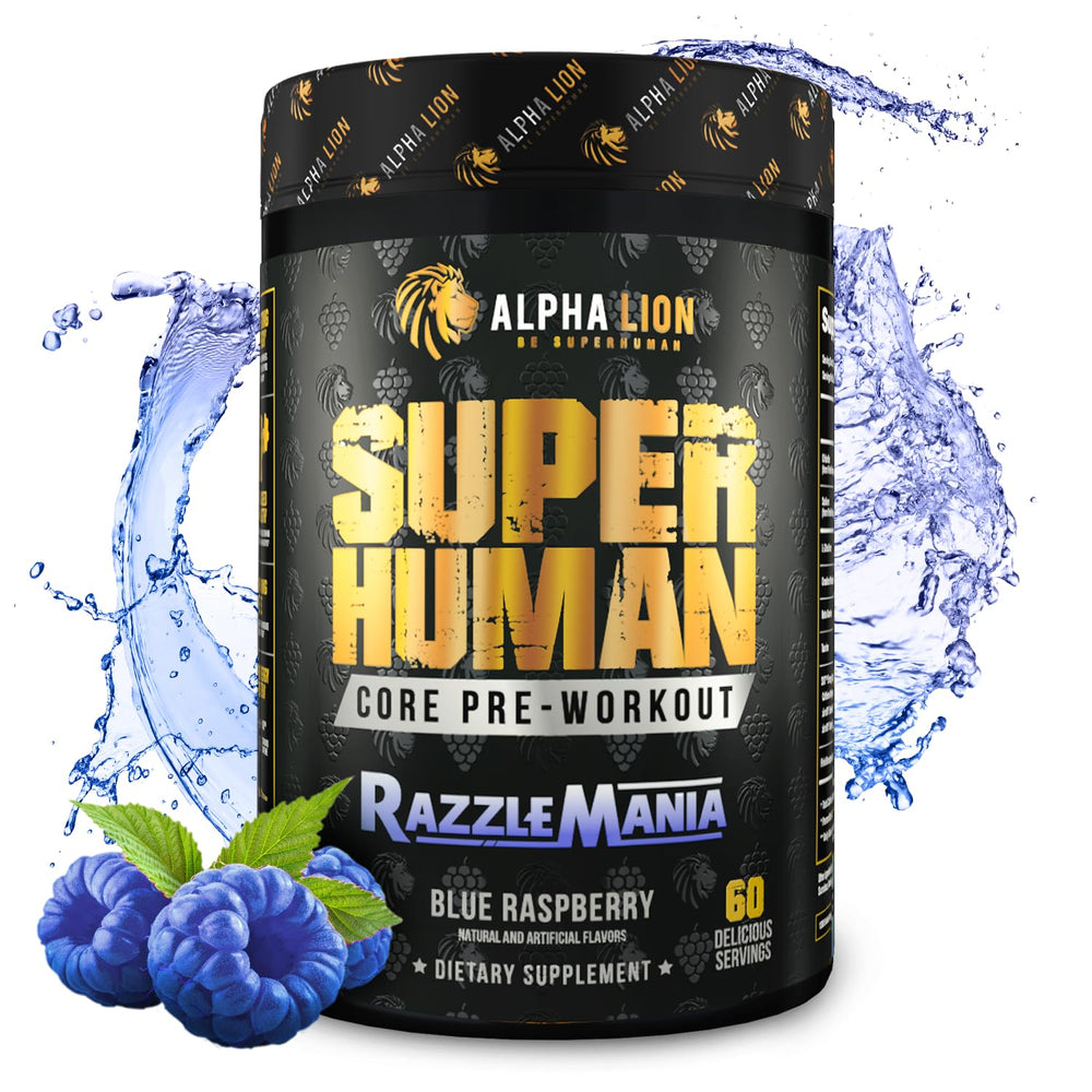 ALPHA LION Core Pre-Workout tub in blue-raspberry flavor ready to boost energy for training.