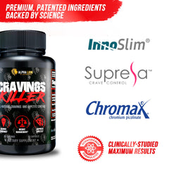 Alpha Lion Cravings Killer ingredients label featuring Innoslim, Supresa, Chromax