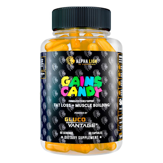 ALPHA LION Gains Candy bottle featuring GlucoVantage for energy enhancement.