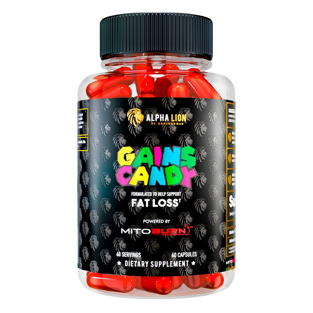 Alpha Lion Gains Candy bottle featuring MitoBurn for potential fat metabolism support.