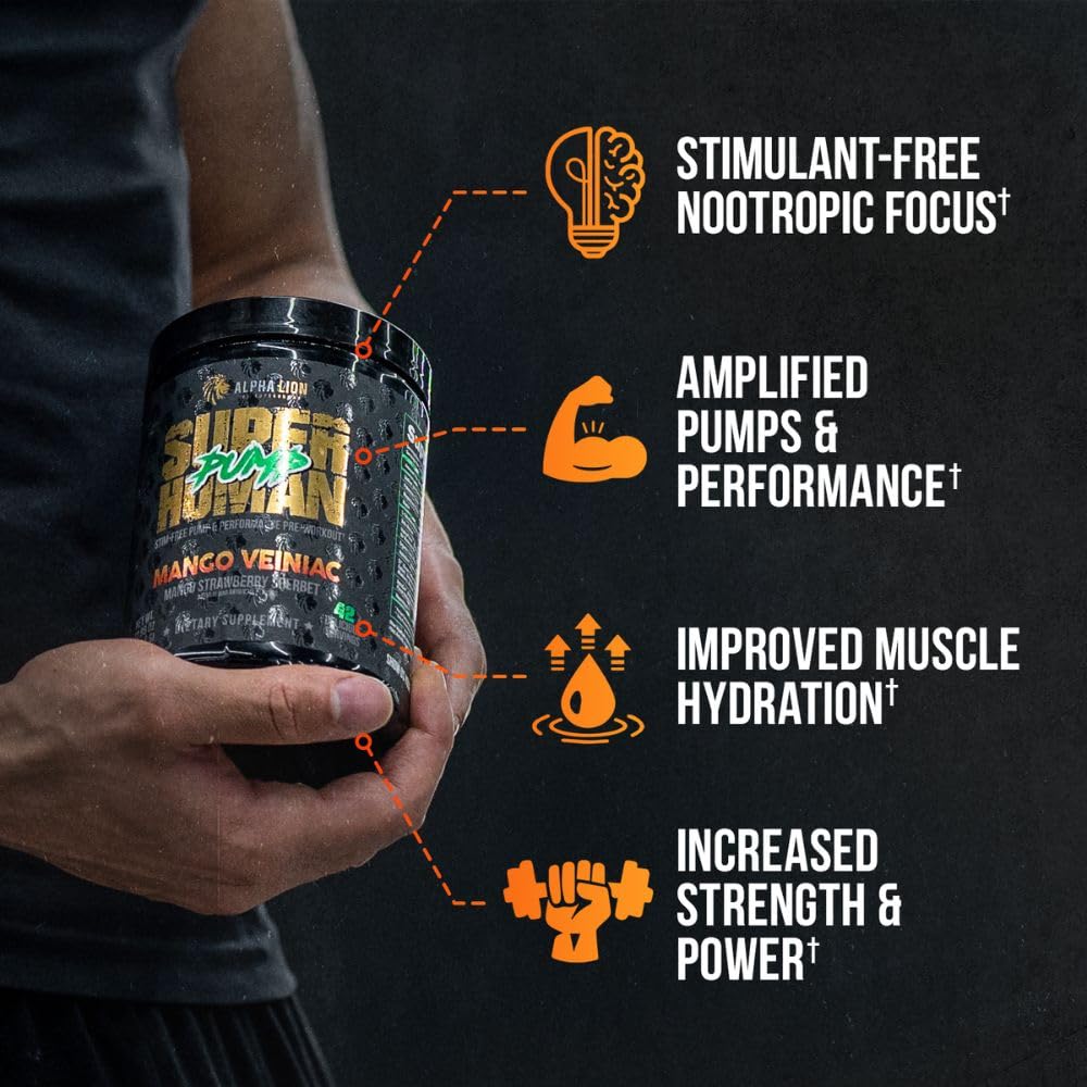ALPHA LION Mango Veiniac scoop shows caffeine-free focus during training.