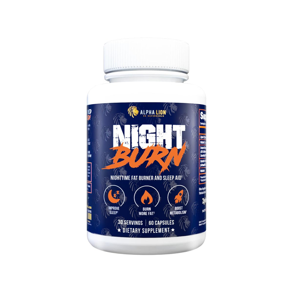 ALPHA LION Night Burn bottle front showing sleek packaging for night-time support.