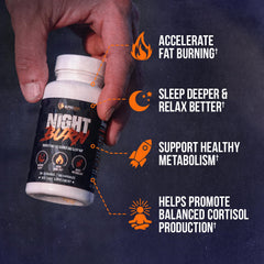 ALPHA LION Night Burn capsules close-up emphasizing easy swallow and potency.