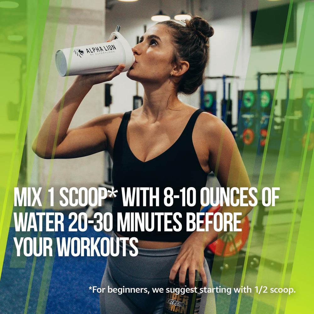 ALPHA LION Superhuman Extreme caffeine matrix graphic emphasizes sustained energy.