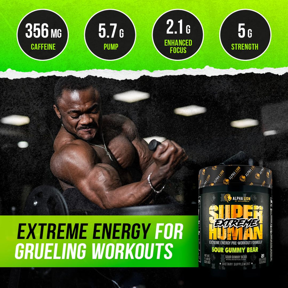 ALPHA LION Superhuman Extreme label closeup highlights key ingredients and caffeine matrix.