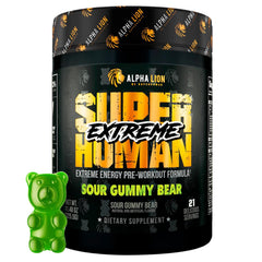 ALPHA LION Superhuman Extreme tub front for a high-stim pre-workout option.
