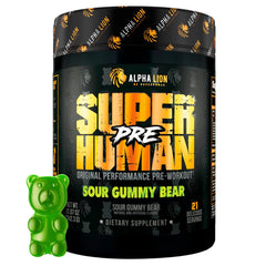 ALPHA LION Superhuman Powder bottle front shows premium pre-workout design for sustained energy.