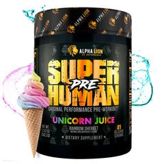 ALPHA LION Superhuman pre workout powder in Unicorn Juice tub for sustained energy