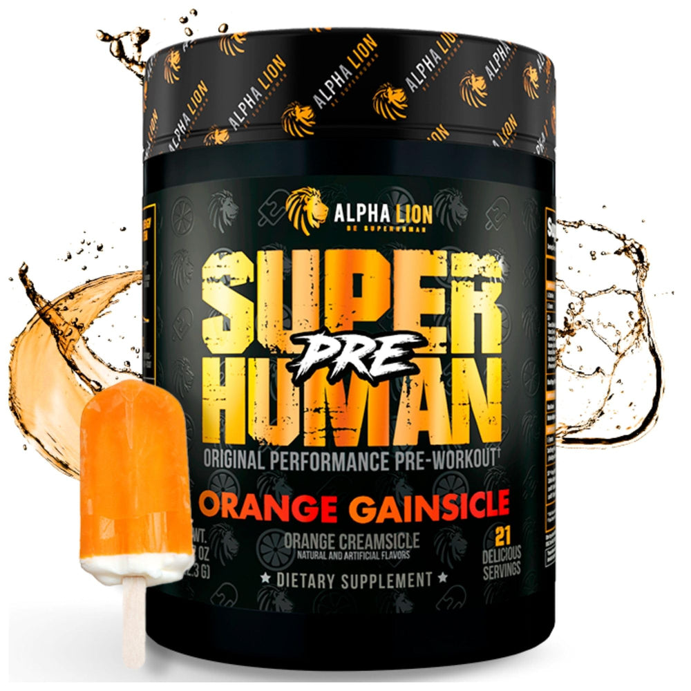 ALPHA LION Superhuman pre-workout scoop with orange gainsicle for sustained energy.