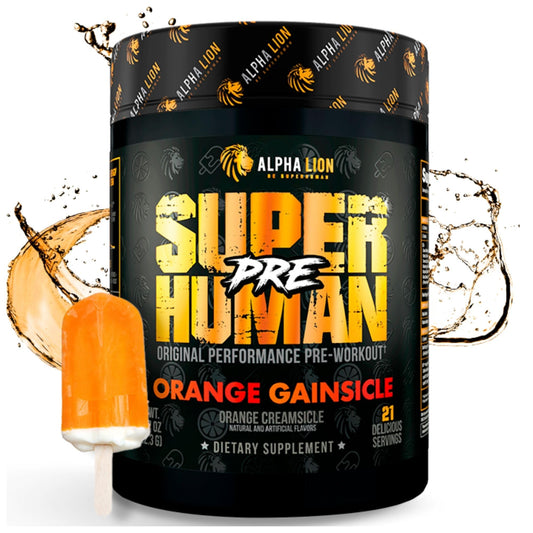 ALPHA LION Superhuman pre-workout scoop with orange gainsicle for sustained energy.