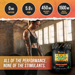 ALPHA LION Superhuman Pump label closeup highlights caffeine-free focus support