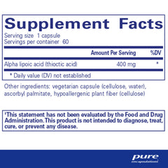 Alpha Lipoic Acid 400 mg capsules, close-up, showing dosage.