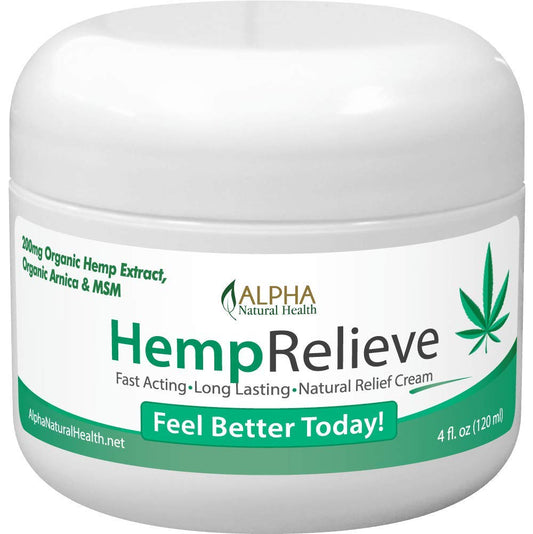 Alpha Natural Health HempRelieve Original cream bottle highlighting organic hemp extract for daily comfort