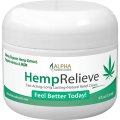 Alpha Natural Health HempRelieve Original cream bottle highlighting organic hemp extract for daily comfort