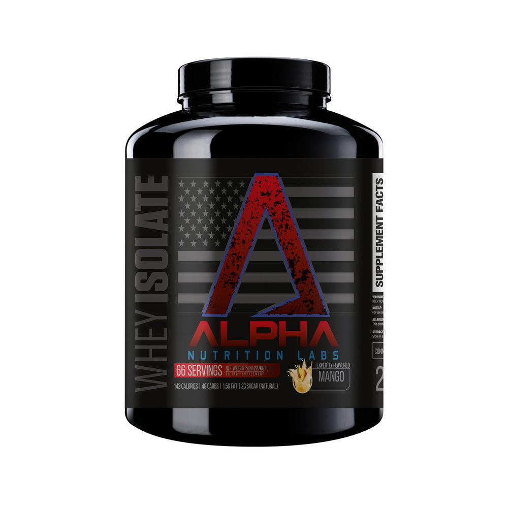 Alpha Nutrition Labs vanilla whey isolate powder with scoop for post-workout recovery