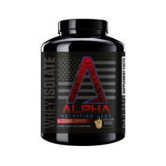Alpha Nutrition Labs vanilla whey isolate powder with scoop for post-workout recovery