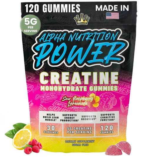 Alpha Nutrition Power Creatine Gummies bottle in Raspberry Lemonade flavor for daily workout support.