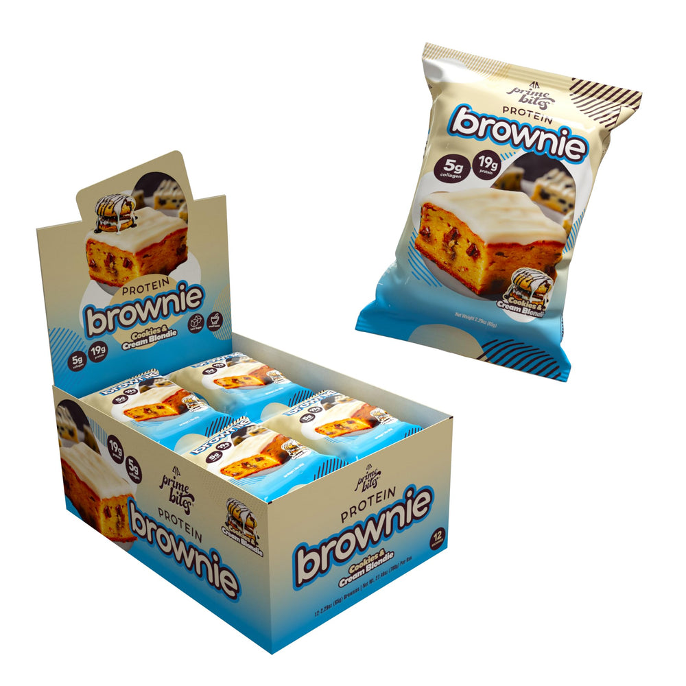 Alpha Prime Prime Bites box showing protein-packed brownie in convenient packaging
