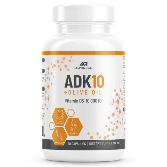 ALPHA RISE ADK10 bottle front view with 90 vegetarian capsules for daily support