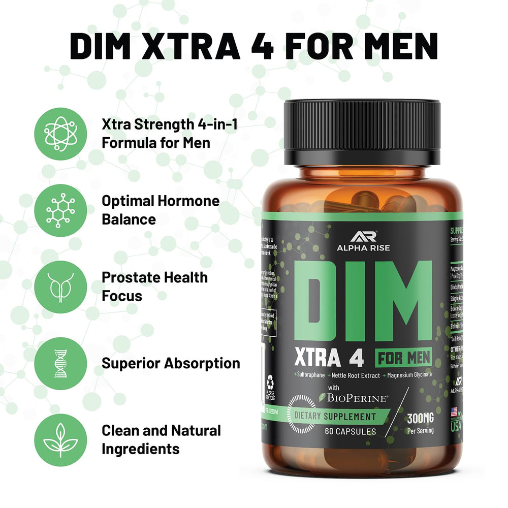 ALPHA RISE DIM XTRA 4 bottle back label shows safety and allergen-free formulation.