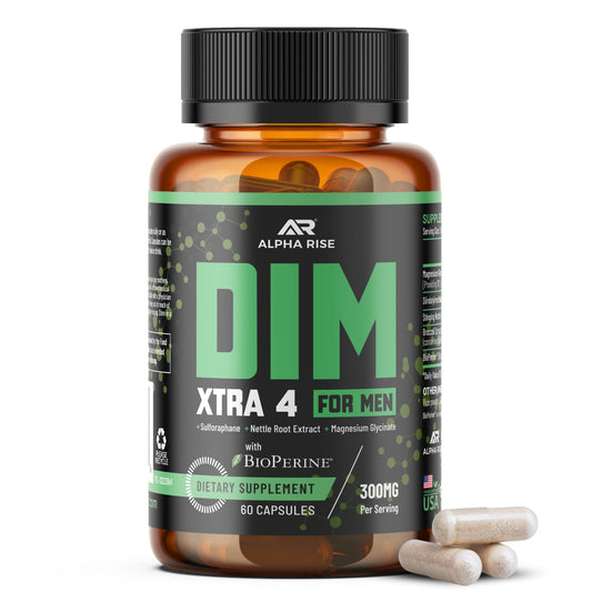 ALPHA RISE DIM XTRA 4 bottle front view emphasizes 300 mg DIM for men's hormonal balance.