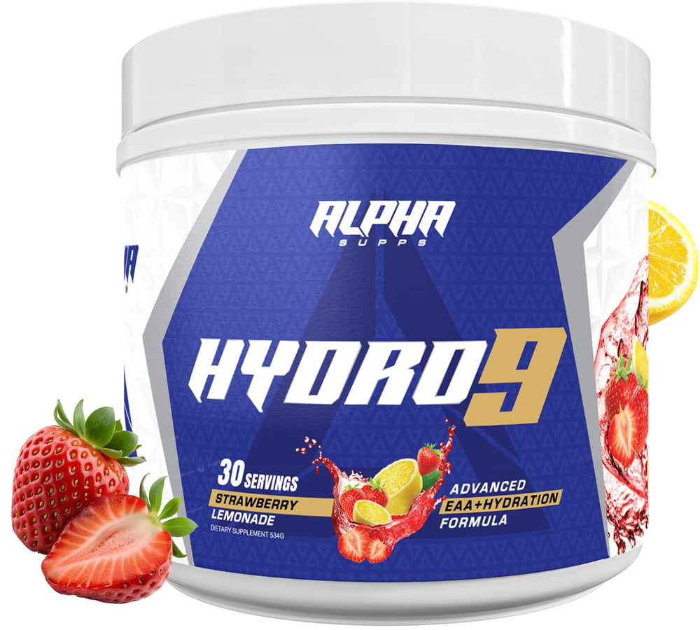 Alpha Supps Hydro 9 amino acids powder tub ready for workouts and recovery.