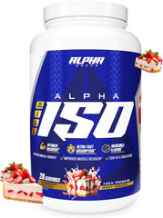 Alpha Supps ISO bottle front with label and flavor hint for protein support.