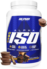 Alpha Supps ISO whey canister side view with premium protein powder.